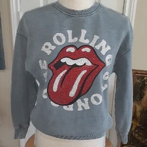 Zara Rolling Stones Rhinestone Tongue Grey Sweatshirt-Kids 9/10-Women's XXS/XS